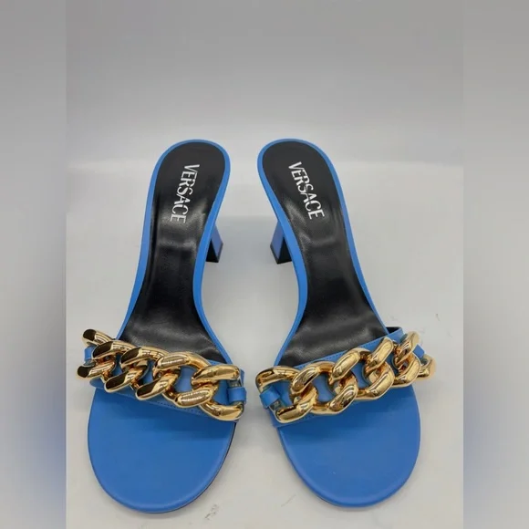 VERSACE Curb LinkBlock Heel Leather Mules - Picture 7 of 14